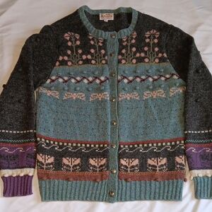 Vintage Womens 100% Scottish Shetland Wool Cottage Core Floral Bow Cardigan